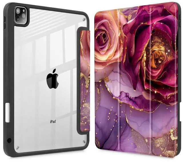 Main image of Mektron Case for iPad Pro 11 inch (4th, 3rd, 2nd & 1st Gen) 2022 2021 2020 2018, Buit in Pencil Holder with Shockproof Cover Clear Shell + Trifold Stand + Auto Wake/Sleep, Marble Flowers