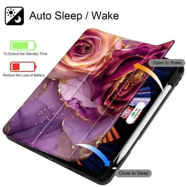 Alt view image 3 of 5 - Mektron Case for iPad Pro 11 inch (4th, 3rd, 2nd & 1st Gen) 2022 2021 2020 2018, Buit in Pencil Holder with Shockproof Cover Clear Shell + Trifold Stand + Auto Wake/Sleep, Marble Flowers