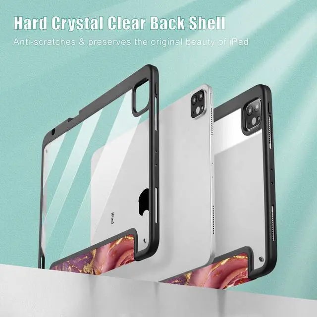 Alt view image 4 of 5 - Mektron Case for iPad Pro 11 inch (4th, 3rd, 2nd & 1st Gen) 2022 2021 2020 2018, Buit in Pencil Holder with Shockproof Cover Clear Shell + Trifold Stand + Auto Wake/Sleep, Marble Flowers