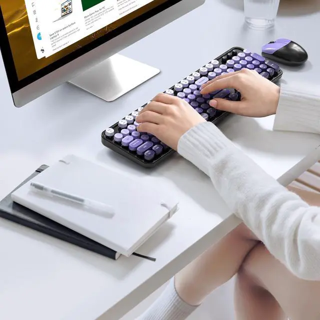 Alt view image 2 of 5 - KNOWSQT Wireless Keyboard and Mouse Combo - Black-Purple Colorful 2.4G Typewriter Full-Size Cute Keyboards - USB Receiver Plug and Play, for Computer, PC, Laptop, Desktop, Windows