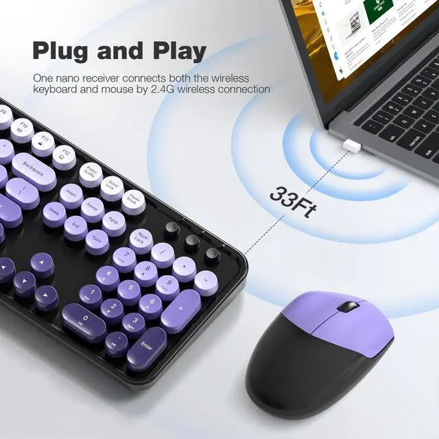 Alt view image 3 of 5 - KNOWSQT Wireless Keyboard and Mouse Combo - Black-Purple Colorful 2.4G Typewriter Full-Size Cute Keyboards - USB Receiver Plug and Play, for Computer, PC, Laptop, Desktop, Windows