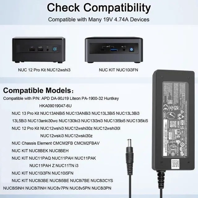 Alt view image 5 of 5 - 90W 65W Power Cord Charger Compatible with Intel NUC 15 14 13 12 11 10 9 8 7 6 pro kit gen mini pc Charger AC Adapter da-90j19 hka09019047-6u fsp065-10aaba fsp090-dbbn3 5.5 * 2.5mm Plug