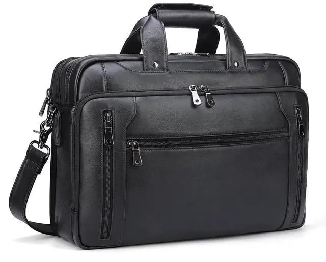 Main image of Masa Kawa Black Leather Briefcase for Men, Waterproof 16 Inch Laptop Computer Case, Crossbody Shoulder Messenger Bag for Business Travel, Office Work