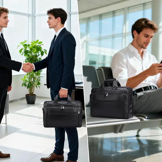 Alt view image 2 of 5 - Masa Kawa Black Leather Briefcase for Men, Waterproof 16 Inch Laptop Computer Case, Crossbody Shoulder Messenger Bag for Business Travel, Office Work