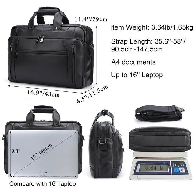 Alt view image 4 of 5 - Masa Kawa Black Leather Briefcase for Men, Waterproof 16 Inch Laptop Computer Case, Crossbody Shoulder Messenger Bag for Business Travel, Office Work