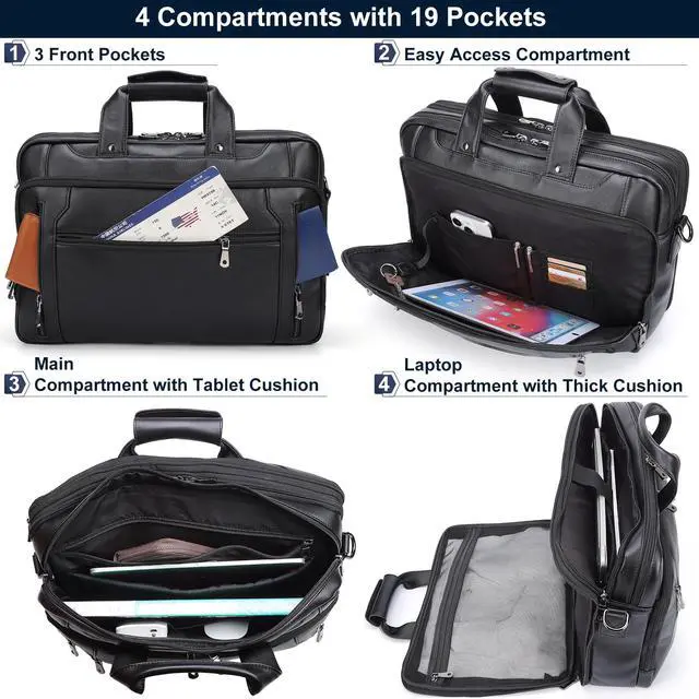 Alt view image 5 of 5 - Masa Kawa Black Leather Briefcase for Men, Waterproof 16 Inch Laptop Computer Case, Crossbody Shoulder Messenger Bag for Business Travel, Office Work