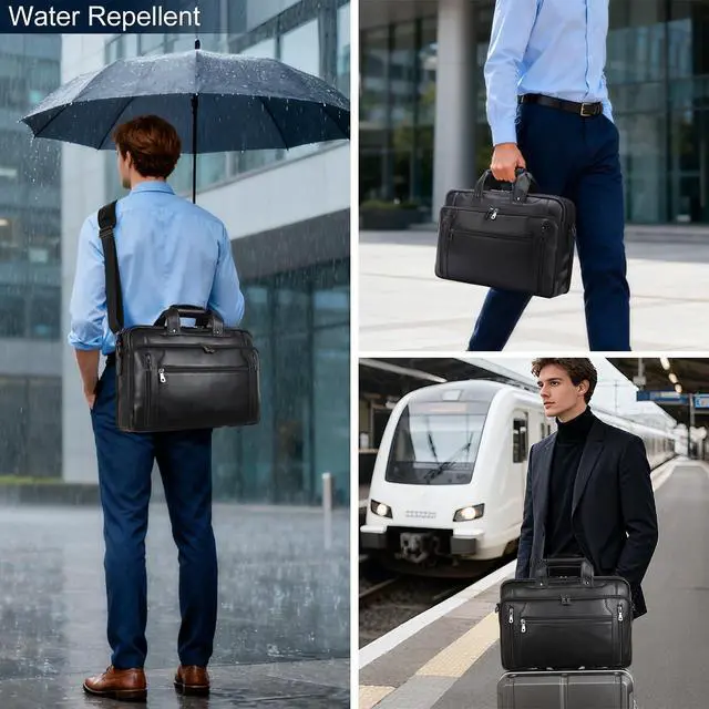 Alt view image 3 of 5 - Masa Kawa Black Leather Briefcase for Men, Waterproof 16 Inch Laptop Computer Case, Crossbody Shoulder Messenger Bag for Business Travel, Office Work