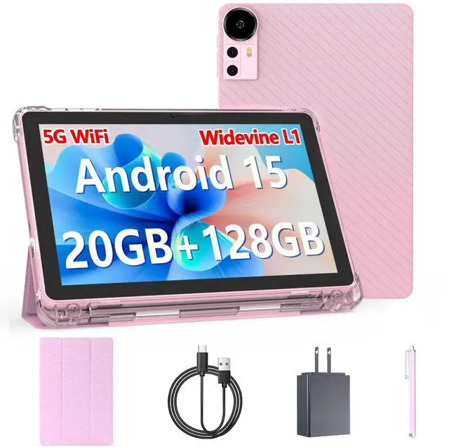 Main image of Android 15 Tablet 10 inch Tablets, 20GB RAM 128GB ROM 2TB Expand, 2.0Ghz CPU Quad-Core Processor Tablet PC with Case and Stylus, 5G WiFi6, BT5.0, 6000mAh Battery, Dual Camera, Widevine L1, GMS, Pink