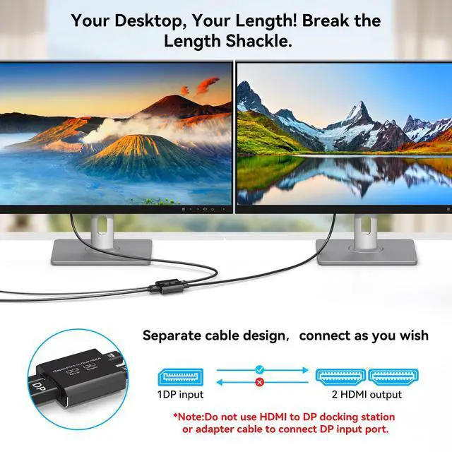 Alt view image 5 of 5 - JCYMELE 4K@60Hz Displayport to Dual HDMI Adapter Display Port to 2 HDMI Splitter Extended for Double Screen DisplayPort 1.2 to 2HDMI Dongle for Computer Graphics Cards Support MST & SST Mode