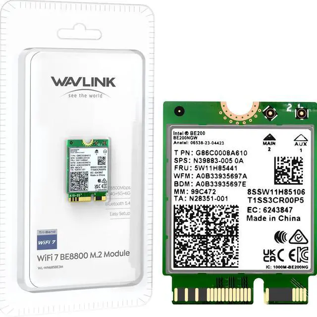 Main image of WAVLINK WiFi 7 Wireless Card for Intel CPU Laptop Only, 2025 Tri-Band BE200 M.2 NGFF Network Module with Bluetooth 5.4, MU-MIMO, WPA3, Support Windows 10/11(64-bit) Laptop, Not Support AMD