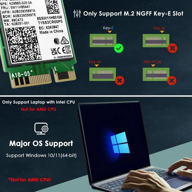 Alt view image 2 of 5 - WAVLINK WiFi 7 Wireless Card for Intel CPU Laptop Only, 2025 Tri-Band BE200 M.2 NGFF Network Module with Bluetooth 5.4, MU-MIMO, WPA3, Support Windows 10/11(64-bit) Laptop, Not Support AMD