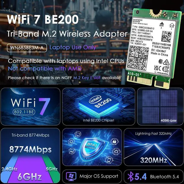 Alt view image 3 of 5 - WAVLINK WiFi 7 Wireless Card for Intel CPU Laptop Only, 2025 Tri-Band BE200 M.2 NGFF Network Module with Bluetooth 5.4, MU-MIMO, WPA3, Support Windows 10/11(64-bit) Laptop, Not Support AMD