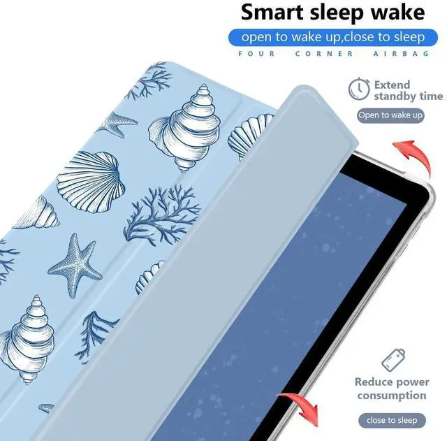 Alt view image 2 of 5 - JOYLAND Ocean Case Compatible with iPad Air 6 2024/iPad Air 5 2022/iPad Air 4 2020 with Pencil Holder Conch Coral Pattern Blue Leather Foldable Cover Auto Wake/Sleep