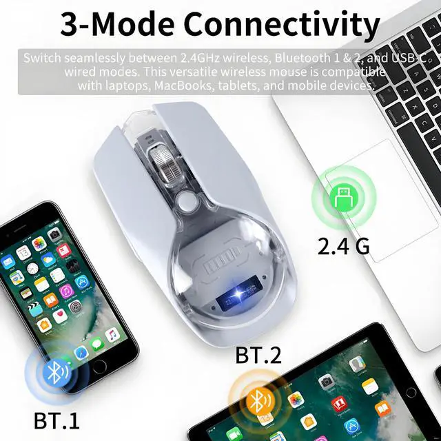 Alt view image 2 of 5 - Wireless Mouse-3 Modes: 2.4G, Bluetooth & USB-C Wired, Silent, RGB, Type-C Rechargeable,Battery Display, Magnetic Shell, Ideal for Gaming & Office Use, Compatible with Laptops & MacBooks (Light Blue)