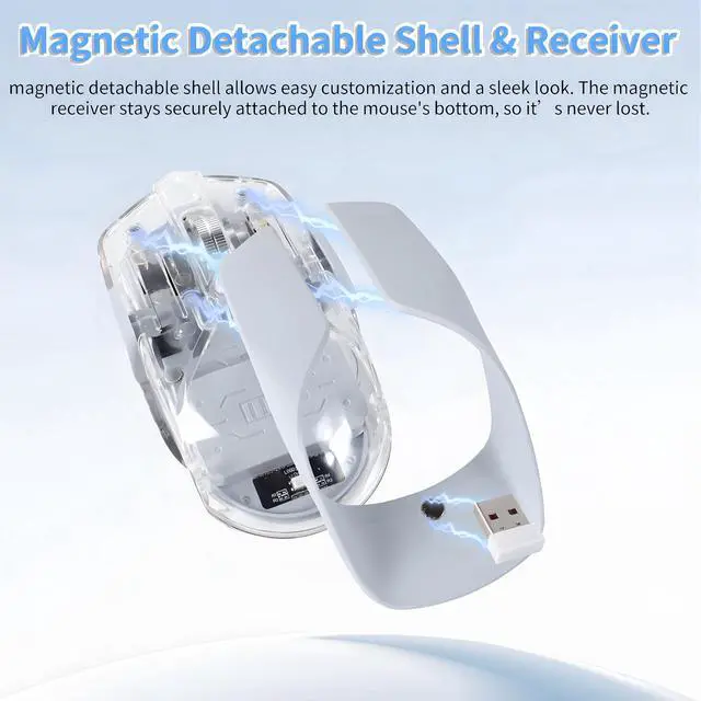 Alt view image 5 of 5 - Wireless Mouse-3 Modes: 2.4G, Bluetooth & USB-C Wired, Silent, RGB, Type-C Rechargeable,Battery Display, Magnetic Shell, Ideal for Gaming & Office Use, Compatible with Laptops & MacBooks (Light Blue)