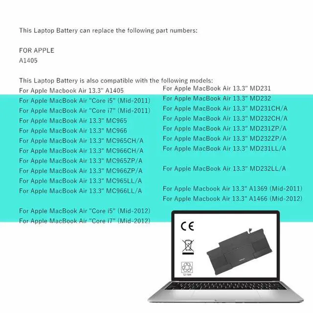 Alt view image 3 of 5 - YEAfEAti A1405 A1466 Laptop Battery for MacBook Air 13-inch: A1466 (Mid 2012-2017), A1369 (Late 2010-Mid 2011), fits A1496, A1377 (EMC: 2925, 2469, 2559, 2392)-Replacement Battery[7.6V 55Wh 7200mAh]