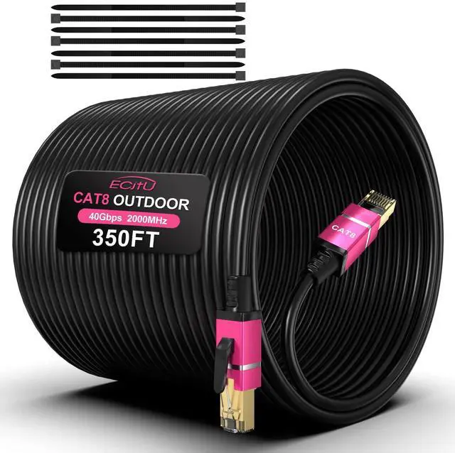 Main image of 350FT Cat8 Outdoor Ethernet Cable, In-Ground, 26AWG Pure Copper Cat 8, Heavy Duty Direct Burial, LLDPE UV Jacket, Waterproof, 40Gbps 2000Mhz SFTP Patch Cord, POE, Network, Internet, with 25 Cable Ties