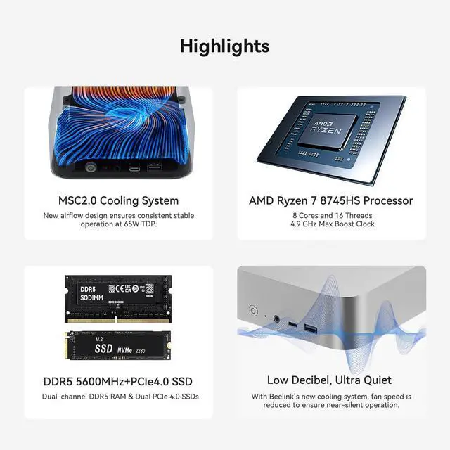 Alt view image 2 of 5 - Beelink SER8 Mini PC, AMD Ryzen 7 8745HS(8C/16T, up to 4.9GHz), 32GB DDR5 RAM 1TB PCle4.0 SSD, SER8 Mini Computer Support 4K@144Hz, Tirple Display, HDMI+DP, WiFi6, 2.5G LAN, BT5.2, USB4