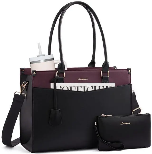 Main image of LOVEVOOK 17.3 inch Laptop Bag for Women, 2-in-1 Multi-Pocket Leather Tote Purse with Elegant Clutch & Cup Holder, Waterproof Structured Large Capacity Work Briefcase for Office Travel, Wine Red-Black