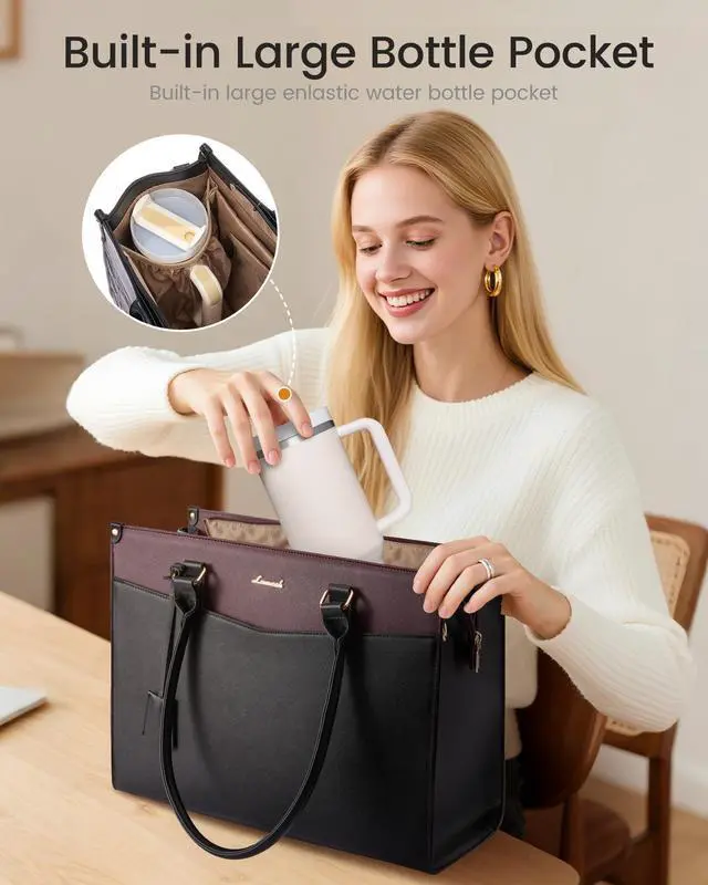 Alt view image 3 of 5 - LOVEVOOK 17.3 inch Laptop Bag for Women, 2-in-1 Multi-Pocket Leather Tote Purse with Elegant Clutch & Cup Holder, Waterproof Structured Large Capacity Work Briefcase for Office Travel, Wine Red-Black