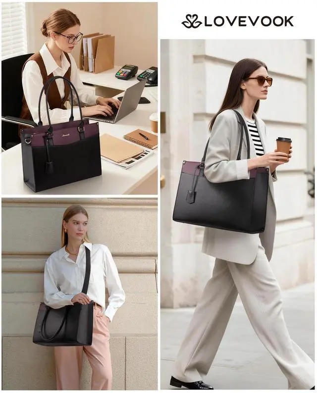 Alt view image 2 of 5 - LOVEVOOK 17.3 inch Laptop Bag for Women, 2-in-1 Multi-Pocket Leather Tote Purse with Elegant Clutch & Cup Holder, Waterproof Structured Large Capacity Work Briefcase for Office Travel, Wine Red-Black