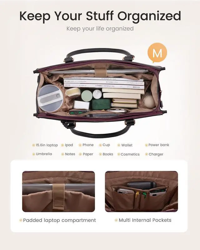 Alt view image 4 of 5 - LOVEVOOK 17.3 inch Laptop Bag for Women, 2-in-1 Multi-Pocket Leather Tote Purse with Elegant Clutch & Cup Holder, Waterproof Structured Large Capacity Work Briefcase for Office Travel, Wine Red-Black
