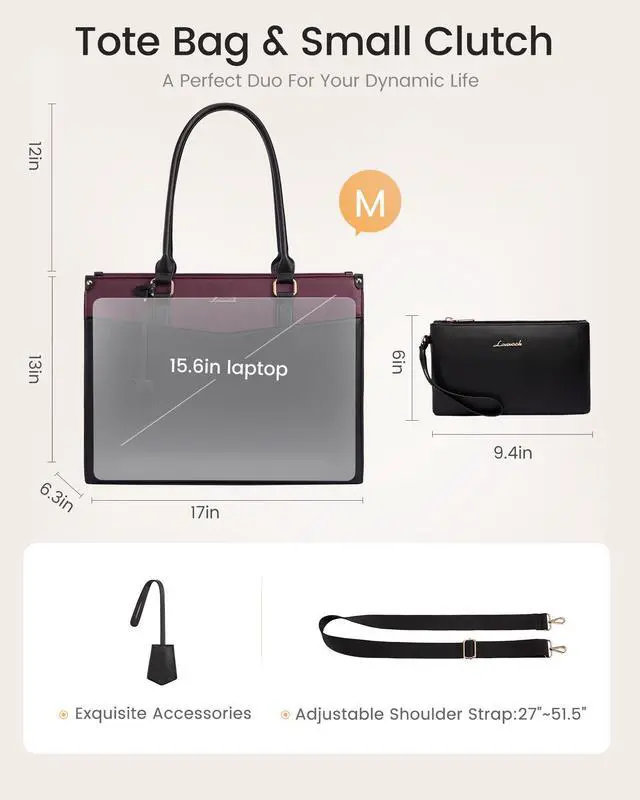 Alt view image 5 of 5 - LOVEVOOK 17.3 inch Laptop Bag for Women, 2-in-1 Multi-Pocket Leather Tote Purse with Elegant Clutch & Cup Holder, Waterproof Structured Large Capacity Work Briefcase for Office Travel, Wine Red-Black