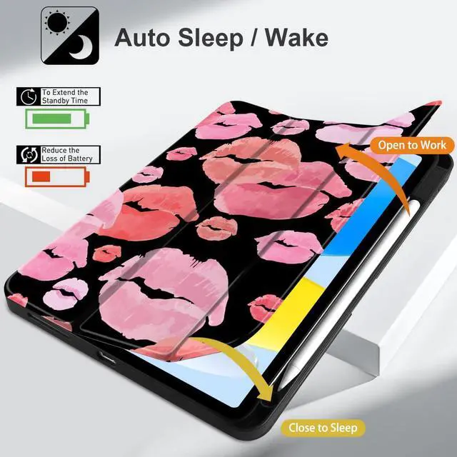Alt view image 3 of 5 - MEEgoodo Case for iPad A16 11th Generation 11 inch 2025/iPad 10th Generation 10.9 inch 2022, Tablet Cover with Trifold Stand + Pencil Holder + Auto Wake/Sleep + Soft TPU Back Cover, Red & Pink Lips