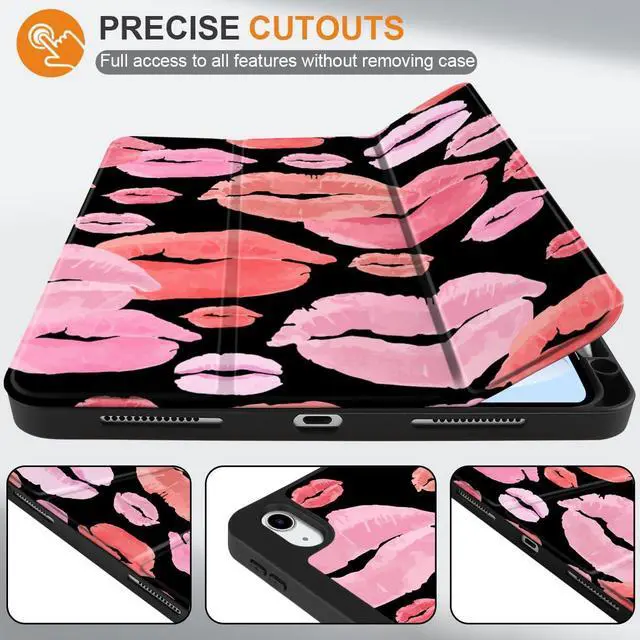 Alt view image 2 of 5 - MEEgoodo Case for iPad A16 11th Generation 11 inch 2025/iPad 10th Generation 10.9 inch 2022, Tablet Cover with Trifold Stand + Pencil Holder + Auto Wake/Sleep + Soft TPU Back Cover, Red & Pink Lips