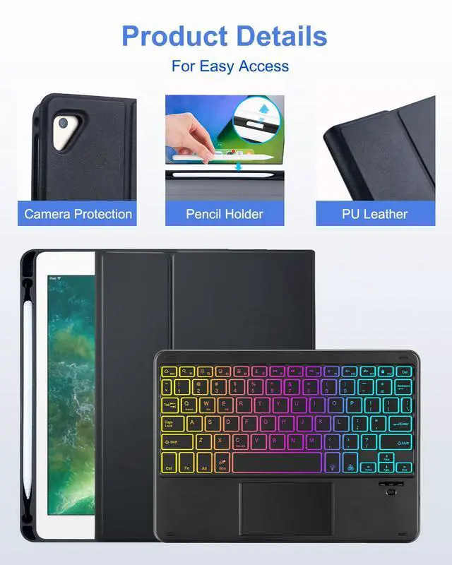 Alt view image 3 of 5 - MePadKey Touchpad Keyboard Case for iPad 6th 2018/5th Generation 2017 9.7 inch, 7-Color Backlight Type-C Charging Keyboard with Pencil Holder Cover Fit iPad Air 2/Pro 9.7 (Black)