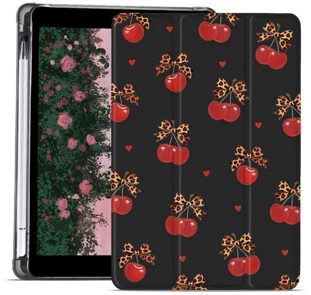 Main image of AdorableWhimsy Leopard Print Cherry Case for iPad 9th/7th/8th Generation(2021/2020/2019 10.2 Inch) Aesthetic Design Leather Protective Case Foldable Soft Back Cover with Pencil Holder