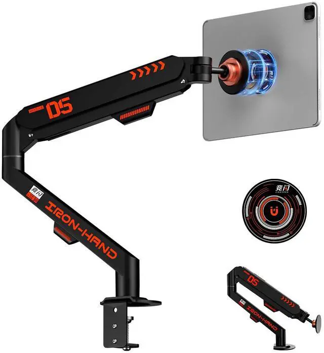 Main image of JINRAIKO Magnetic Tablet Stand, Adjustable Desk Mount for iPad & All Tablets, 360° Rotating Foldable Arm with Gas Spring, Heavy Duty Aluminum, for Home Office, Kitchen, Bedside, Studio, Black