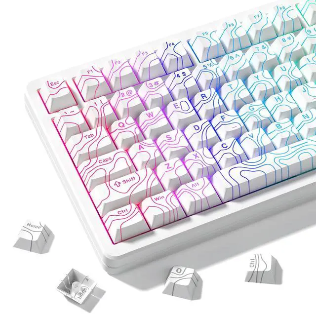 Alt view image 3 of 5 - dagaladoo Double Shot PBT keycaps 119 Keys Set White Topographic Shine Through Custom keycaps Cherry Profile Custom Keyboard Key caps for 60/65/75/TKL/96/100% US Layout Mechanical Keyboard
