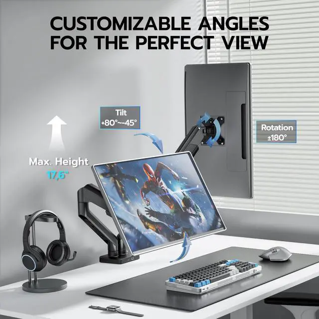 Alt view image 5 of 5 - ARES WING Dual Monitor Mount, Heavy Duty Monitor Arms for 2 Monitors for 17-35 inch, Fully Adjustable Monitor Desk Stand with USB A/C for Ultrawide Screen, VESA 75x75 or 100x100mm, Black