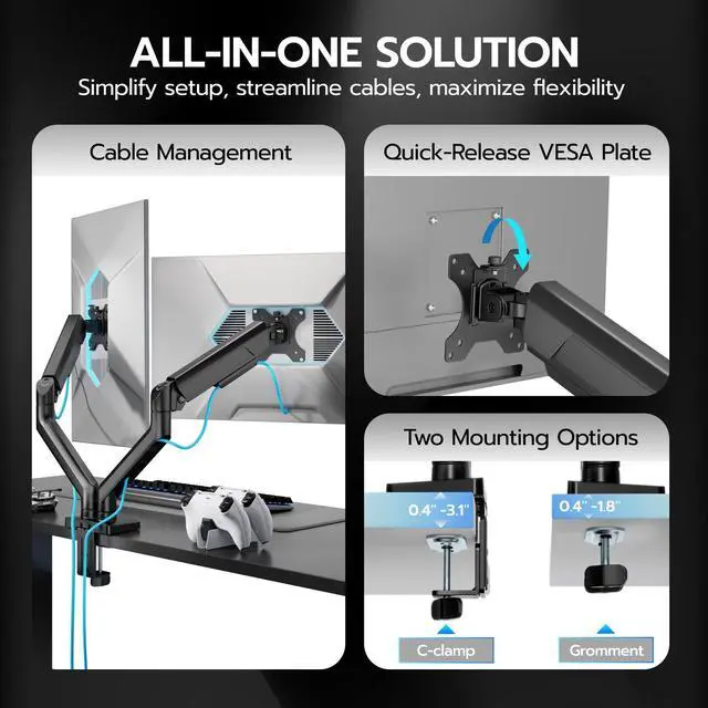 Alt view image 4 of 5 - ARES WING Dual Monitor Mount, Heavy Duty Monitor Arms for 2 Monitors for 17-35 inch, Fully Adjustable Monitor Desk Stand with USB A/C for Ultrawide Screen, VESA 75x75 or 100x100mm, Black