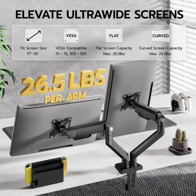 Alt view image 3 of 5 - ARES WING Dual Monitor Mount, Heavy Duty Monitor Arms for 2 Monitors for 17-35 inch, Fully Adjustable Monitor Desk Stand with USB A/C for Ultrawide Screen, VESA 75x75 or 100x100mm, Black