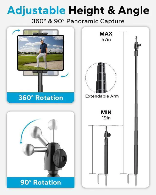 Alt view image 4 of 5 - GDZN 57" Golf Monopod Selfie Stick - [Metal Pole] Golf Tablet Holder for Record Swing, Putting, Golf Training Aid, Tablet Tripod Stand Compatible with 4.7-13" iPad Pro/Air/Mini, iPhone, Galaxy