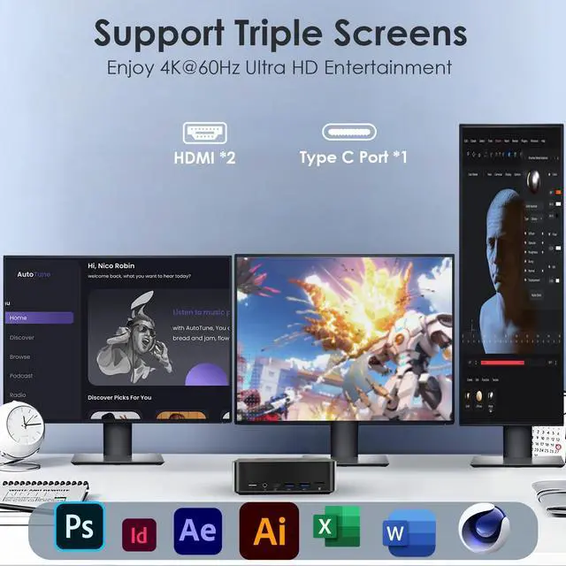 Alt view image 4 of 5 - Azeyou Mini PC, Desktop Computer N100, Mini Computer 16GB RAM 1TB M.2 SSD, PC Desktop Support Triple 4K Screens, WiFi 6/BT 5.2, OS 11 Pro, Ultra-Compact Micro PC for Home & Office