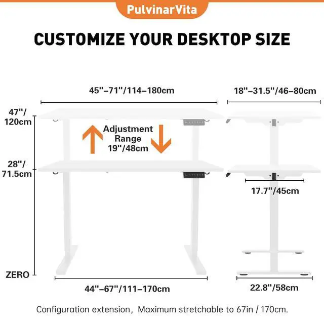 Alt view image 2 of 5 - PulvinarVita Standing Desk Frame, Stand up Desk Frame Workstation, Electric Adjustable Legs, 3 Memory Height Settings, with Cable Management Tray and Storage Bag, 2pcs Headphone Hook