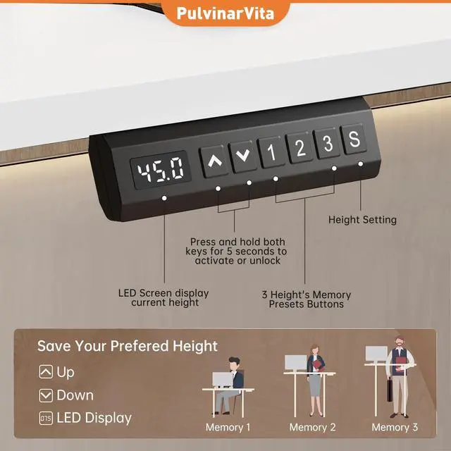Alt view image 5 of 5 - PulvinarVita Standing Desk Frame, Stand up Desk Frame Workstation, Electric Adjustable Legs, 3 Memory Height Settings, with Cable Management Tray and Storage Bag, 2pcs Headphone Hook