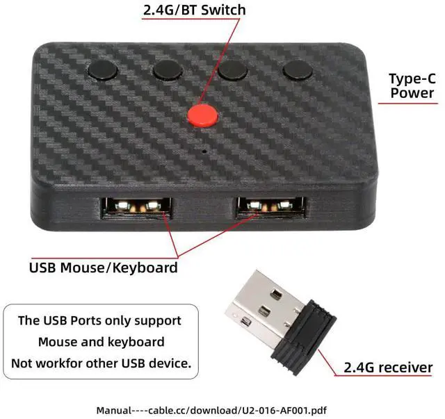 Alt view image 4 of 5 - NFHK USB Wired Keyboard and Mouse Convert to Wireless 2.4G Bluetooth(BT) Converter with Receiver Type-C Power for Laptop Tablet Phone