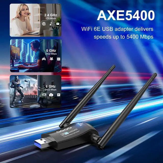 Alt view image 2 of 5 - Tri-Band WiFi 6E Adapter for Desktop PC: QGOO USB 3.0 Axe 5400 Wireless Network Receiver/Dongle with 5dBi Dual Antennas, WiFi Card/Stick 6G/5G/2.4G for Laptop Computer Only Compatible Windows 11/10