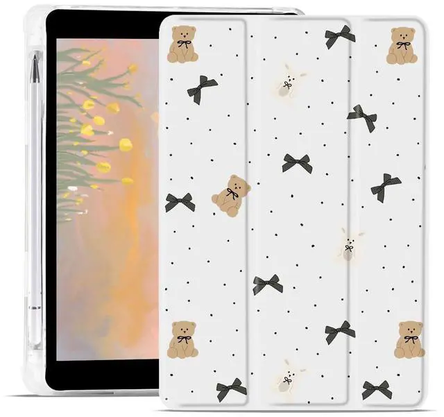 Main image of JOYLAND Cute Bear Bowknot Case for iPad Pro 2017/iPad Air 3 2019 10.5 Inch with Pencil Holder Aesthetic Animal White Girly Cover Auto Wake/Sleep Foldable Shockproof Case