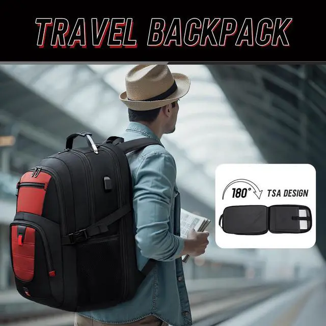 Alt view image 5 of 5 - Z-MGKISS Big Travel Backpack, Large Laptop Backpack, TSA Approved Bag 50L, Anti-Theft Water Resistant Computer Daypack 17.3 Inch, Red