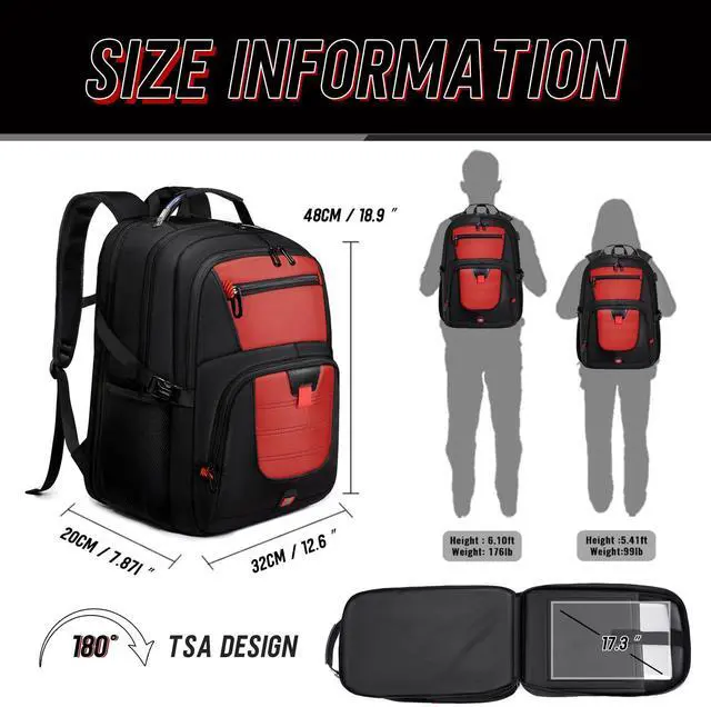 Alt view image 4 of 5 - Z-MGKISS Big Travel Backpack, Large Laptop Backpack, TSA Approved Bag 50L, Anti-Theft Water Resistant Computer Daypack 17.3 Inch, Red
