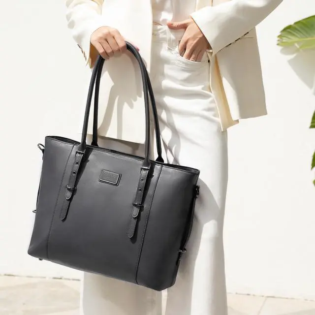 Alt view image 2 of 5 - MOSISO PU Leather Laptop Tote Bag for Women (17-17.3 inch), Waterproof Large Capacity Business Work Briefcase Shoulder Laptop Bag, Gray