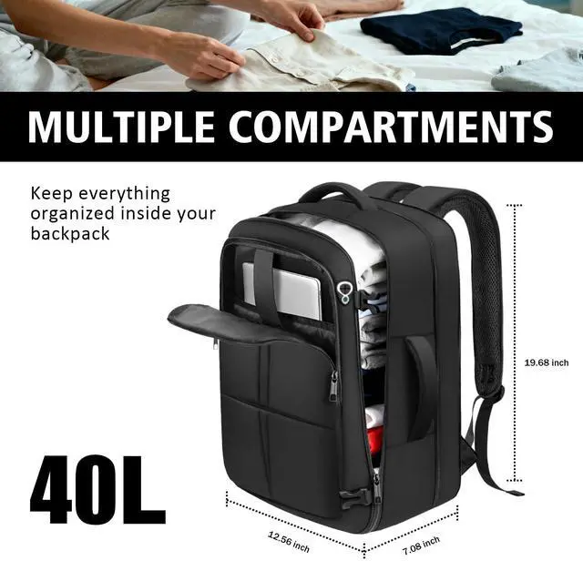 Alt view image 3 of 5 - tazbuzo Travel Backpack, Extra Large 50L Flight Approved Carry on Backpack, Expandable Waterproof Business Suitcase Daypack Big Bag Fits 18.4 Inch Laptop, Black