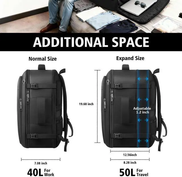 Alt view image 4 of 5 - tazbuzo Travel Backpack, Extra Large 50L Flight Approved Carry on Backpack, Expandable Waterproof Business Suitcase Daypack Big Bag Fits 18.4 Inch Laptop, Black