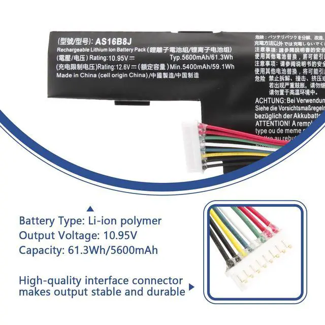 Alt view image 2 of 5 - AS16B5J AS16B8J Battery for Aspire 15.6" E5-575G E5-575G-53VG E5-575G-75MD E5-575-33BM E5-575G-57D4 E5-575G-5341 E5-575G-549D F5-573G 31CR19/66-2 3INR19/66-2 10.95V 61.3Wh 5600mAh