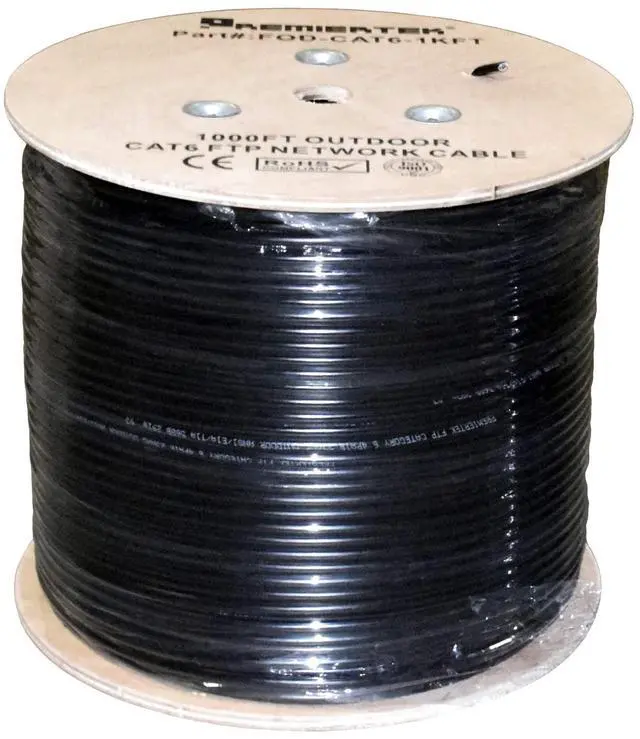 Main image of Premiertek Outdoor 1000' Cat6 23AWG CMX Cca 550MHz Shield FTP 4-Pairs Premium Network LAN Cable, Black (FOD-CAT6-1KFT)